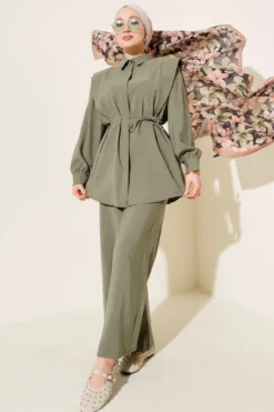 Shoulder Panel Tie Belt Tencel Two-Piece Set Khaki
