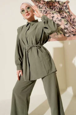 Alternative view of Shoulder Panel Tie Belt Tencel Two-Piece Set Khaki