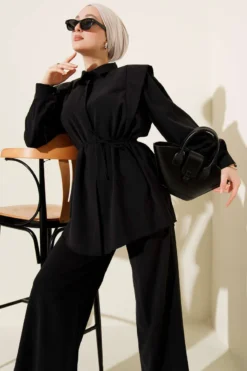 Shoulder Panel Tie Belt Tencel Two-Piece Set Black