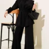 Shoulder Panel Tie Belt Tencel Two-Piece Set Black al por mayor clothing set view 2 - Hicabistan fábrica Turquía