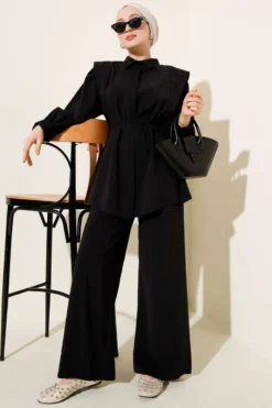 Alternative view of Shoulder Panel Tie Belt Tencel Two-Piece Set Black