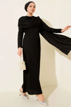 Shoulder Cape Detail Evening Dress Black en gros dress - Hicabistan usine Turquie