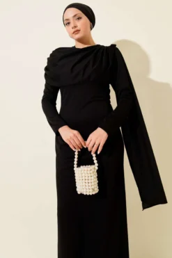 Shoulder Cape Detail Evening Dress Black en gros dress view 2 - Hicabistan usine Turquie