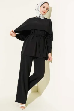 Shoulder Cloak Detailed Tie Belted Modal Set Black