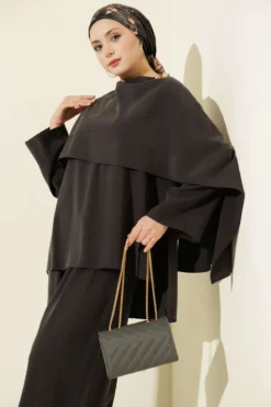 Alternative view of Shoulder Cape Detailed Modal Two-Piece Set Black