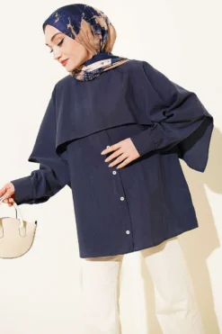 Shoulder Cape Button Detail Tunic Navy Blue