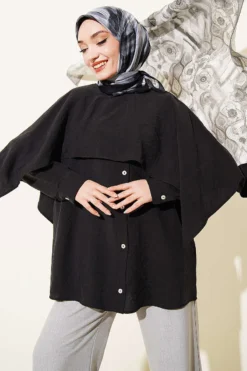 Shoulder Cape Button Detail Tunic Black