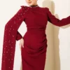 Shoulder Cape Pearl Evening Dress Burgundy Großhandel dress view 2 - Hicabistan Türkei Fabrik