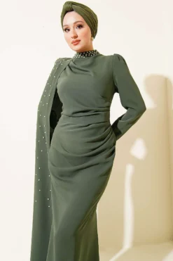 Shoulder Cape Pearl Evening Dress Khaki all'ingrosso dress view 2 - Hicabistan fabbrica Turchia