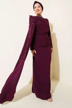 Shoulder Cape Pearl Evening Dress Plum groothandel dress - Hicabistan Turkije fabriek