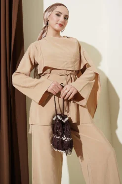 Alternative view of Shoulder Cape Modal Two-Piece Set Beige