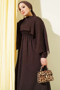 Shoulder Cape Dress with Sequin Details Brown wholesale dress view 2 - Hicabistan Turkey factory