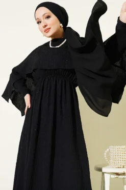 Shoulder Cape Dress with Sequin Details Black wholesale dress view 2 - Hicabistan Turkey factory