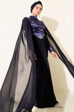 Shoulder Cape Detailed Evening Dress Navy Blue Großhandel dress - Hicabistan Türkei Fabrik