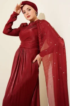 Shoulder Cape Embellished Evening Dress Burgundy wholesale dress view 2 - Hicabistan Turkey factory