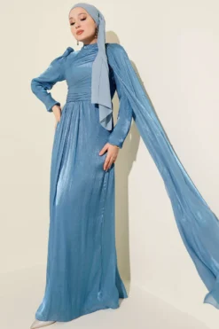 Shoulder Cape Embellished Evening Dress Blue al por mayor dress - Hicabistan fábrica Turquía
