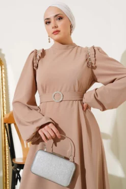 Alternative view of Shoulder Pleated Stone Dress Camel