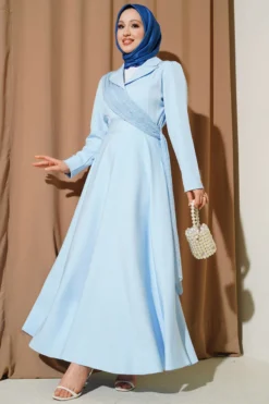 Shoulder Tulle Wrap Neck Dress Baby Blue بالجملة dress - Hicabistan مصنع تركيا