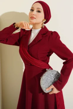 Shoulder Tulle Wrap Neck Dress Burgundy بالجملة dress view 2 - Hicabistan مصنع تركيا