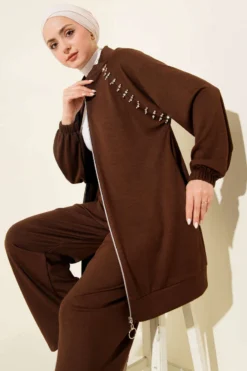 Shoulder Stone Zippered Lounge Set Brown wholesale clothing set - Hicabistan Turkey factory