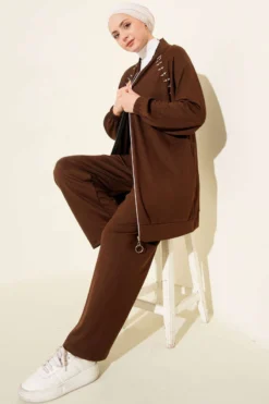Shoulder Stone Zippered Lounge Set Brown wholesale clothing set view 2 - Hicabistan Turkey factory