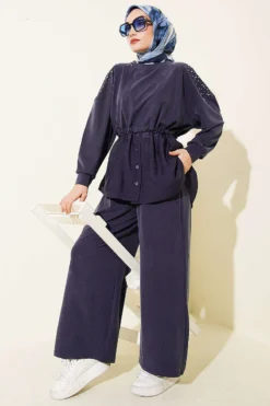 Shoulder Stone Embellished Two-Piece Set Navy Blue