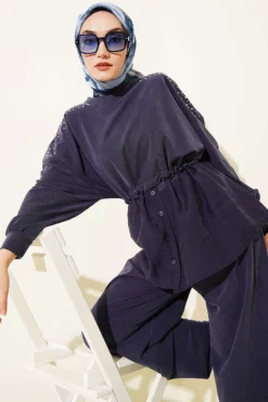 Alternative view of Shoulder Stone Embellished Two-Piece Set Navy Blue