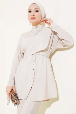 Shoulder-Tied Tencel Two-Piece Set Beige بالجملة clothing set view 2 - Hicabistan مصنع تركيا