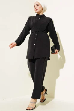 Shoulder-Tied Tencel Two-Piece Set Black بالجملة clothing set - Hicabistan مصنع تركيا