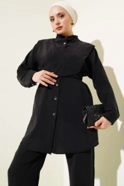 Shoulder-Tied Tencel Two-Piece Set Black بالجملة clothing set view 2 - Hicabistan مصنع تركيا