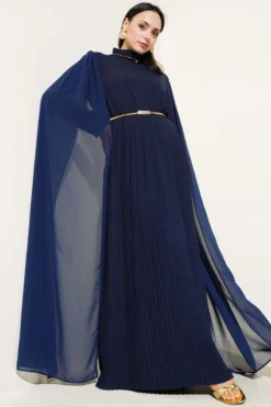 Dress with Chiffon Shoulder Cape Navy Blue