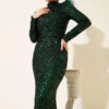 Feathered Sequin Evening Dress Emerald wholesale dress view 2 - Hicabistan Turkey factory
