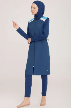 Alternative view of Off-Shoulder Stripe Detail Modest Swimsuit Light Navy