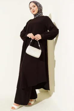 Oval Cut Long Tunic Two-Piece Set Brown