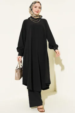 Oval Cut Long Tunic Two-Piece Set Black