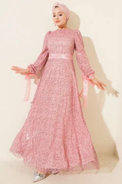 Glitter Sequin Evening Dress Pink groothandel dress - Hicabistan Turkije fabriek