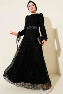 Glitter Sequin Evening Dress Black groothandel dress - Hicabistan Turkije fabriek