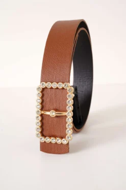 Diamond Stone Rectangle Buckle Belt Tan