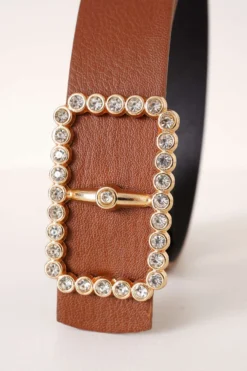 Alternative view of Diamond Stone Rectangle Buckle Belt Tan