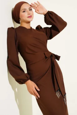 Alternative view of Fringe Embellished Side Tied Evening Dress Brown