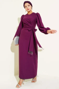 Fringe Embellished Side Tied Evening Dress Purple en gros dress - Hicabistan usine Turquie