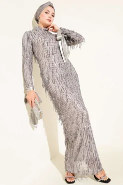 Fringed Sequin Evening Dress Grey