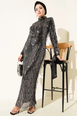 Vista alternativa di Fringed Sequin Evening Dress Black