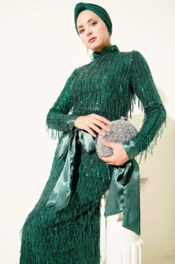 Vista alternativa di Fringed Sequin Evening Dress Emerald