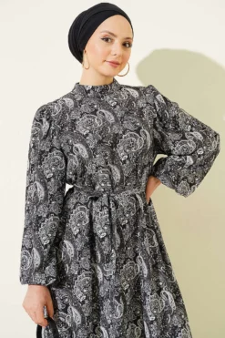 Paisley Pattern Balloon Sleeve Belted Dress Black wholesale dress view 2 - Hicabistan Turkey factory