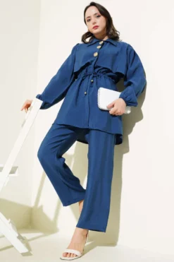 Detailed Piece Belt Tunic Two-Piece Set Indigo بالجملة clothing set - Hicabistan مصنع تركيا