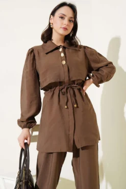 Detailed Piece Belt Tunic Two-Piece Set Brown al por mayor clothing set view 2 - Hicabistan fábrica Turquía