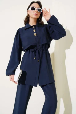 Detailed Piece Belt Tunic Two-Piece Set Navy Blue al por mayor clothing set view 2 - Hicabistan fábrica Turquía
