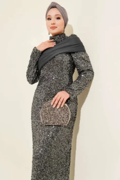 Sequin Detailed Evening Dress Anthracite بالجملة dress view 2 - Hicabistan مصنع تركيا