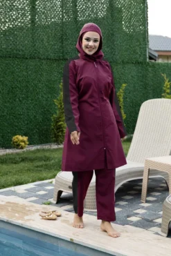 Parachute Fabric Zippered Modest Swimsuit Fuchsia